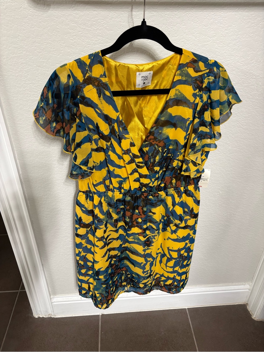 mac & jac Yellow Teal Abstract Ruffled Wrap Tunic